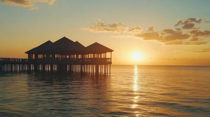 Wall Mural - A silhouette of a restaurant on stilts over the water with the sun setting in the background.