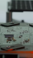 Poster - Coating machine for printed circuit board at work. Creative. Close up of automated robotic mechanism making circuit board.