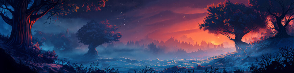 Wall Mural - Fantasy Forest Landscape Background Panorama Concept Drawing image HD Print Neo Game Art V12