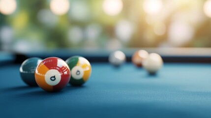 Colorful billiard balls on a pool table with a blurred outdoor background during sunny hours