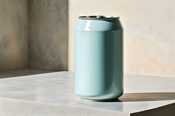 Pastel color soda or soft drink can on natural stone podium with a backdrop background, Generated by Ai