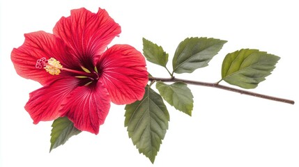 A single, vibrant red hibiscus flower with green leaves on a white background.