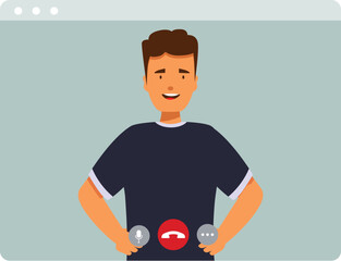Poster - Young man in browser window having video call and declining incoming call
