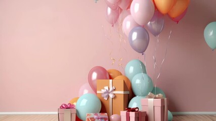 Poster - Festive image featuring colorful balloons floating over a collection of gift wrapped presents, creating a cheerful and celebratory atmosphere