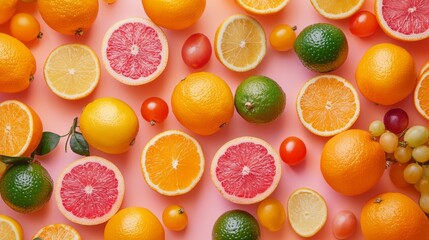 Wall Mural - Citrus fruits arranged on pink background with grapefruit, oranges, and limes