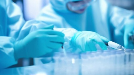 Poster - Two scientists in hazmat suits conduct research in a busy lab with test tubes and pipettes, exploring medical technology and innovation
