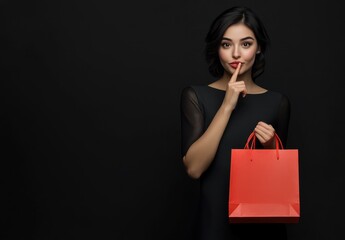 Aufkleber - Beautiful woman holding a red shopping bag and shushing with her finger on her lips, isolated on a black background, with copy space for your text or product banner, an advertising concept.