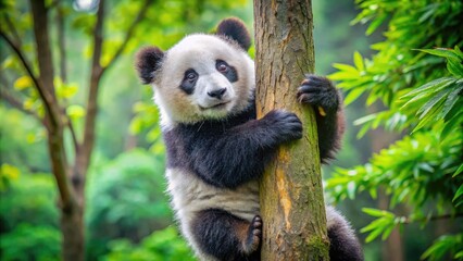 Wall Mural - Giant panda cub playfully climbs a tree in its natural habitat during daytime. Generative AI