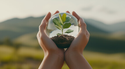 Hands holding transparent globe with plant life, veganism for environmental health concept