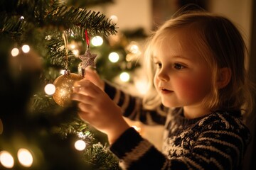 A young child decorates a Christmas tree with ornaments and lights on a cozy evening during the holiday season