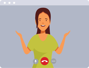 Poster - Smiling young woman is having video call on computer screen and gesturing with hands