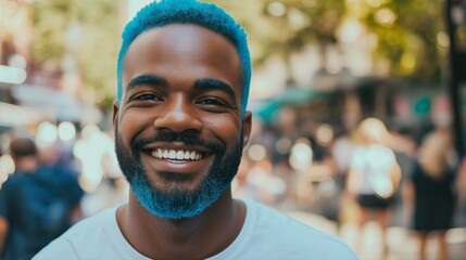 Wall Mural - Urban Portrait of Smiling Man with Blue Hair and Beard in an Outdoor Setting