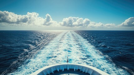 A view from the back of a ship as it sails through the vast ocean, with a trail of white water behind.