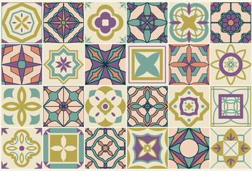 Collection of color seamless geometric mosaic tile retro patterns. Decorative endless ornamental east vintage backgrounds. Vector repeatable symmetric prints