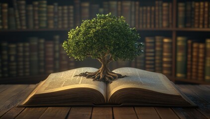 Tree Growing from Open Book in Library - Symbolizing Knowledge and Growth for World Philosophy Day