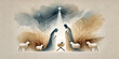 © melita - Watercolor painting representing Nativity scene in Bethlehem. Christmas scene illustration showing holy family baby Jesus in the manger Joseph and Mary. Banner. Copy space