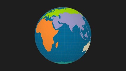 Poster - Rotating globe. Normal sphere view. Moderate speed globe rotation. Colored continents style. World map with dense graticule lines on a dark background. Splendid animation.