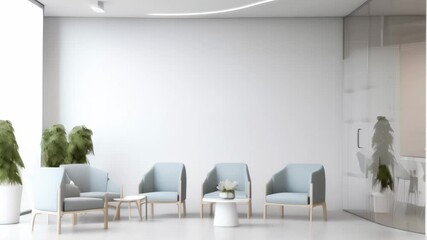 Aufkleber - Featuring a row of comfortable blue armchairs and a glass partition separating the waiting area from a modern office space