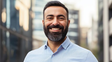 Canvas Print - Confident Middle Eastern Man in His Thirties with Beard Smiling Outdoors Professional Portrait for Business and Lifestyle