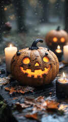 Wall Mural - A carved pumpkin with a lit candle inside sits on a table with fallen leaves and other candles.