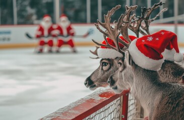Poster - Reindeer wearing Santa hats watching a hockey game from the background, with an ice rink in the distance. Santa's elves are playing hockey in the foreground, creating a festive Christmas mood.