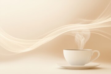 Poster - Abstract steam rises gracefully from a concealed coffee cup, creating a soothing atmosphere in a minimalist setting. Generative AI
