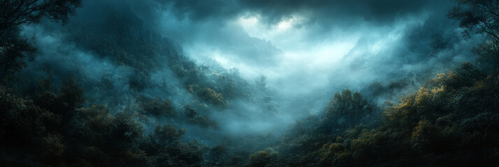 Wall Mural - Mysterious fog swirls through a dense forest, sunlight breaks through the clouds.