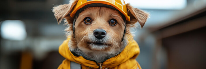 Poster - A small, fluffy dog wearing a yellow hard hat and jacket.