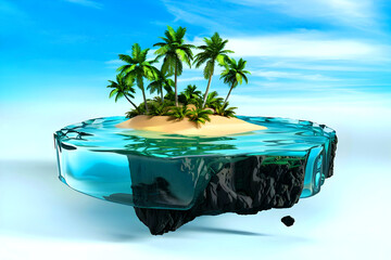 Background in travel and vacation. sea and a lovely island are cut out in this 3D illustration.