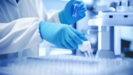 Poster - Scientist wearing a lab coat and blue gloves is carefully pipetting liquid into a microtiter plate for analysis in the lab