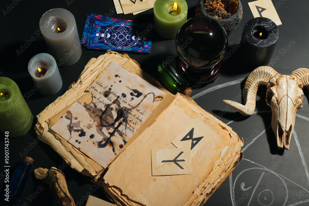 Witch's magic attributes with crystal ball of fortune teller and book on dark table