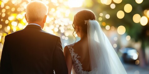 Sticker - A beautiful wedding moment captured in soft light. The bride in her stunning gown walks alongside her father. Their bond is visible as they share this special day. Emotional and inspiring. AI