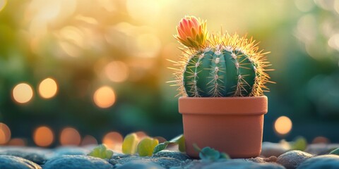 Sticker - A vibrant cactus displayed in a terracotta pot. This cute plant features a lovely bloom and spiky texture. Perfect for home decor and gardening enthusiasts. Bring nature indoors. AI