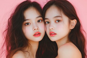 Close up portrait beauty shot of two young beautiful Asian girls looking at camera isolated on pink background. with generative ai