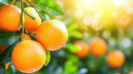 Wall Mural - Close-up of ripe oranges hanging on a tree branch with sun shining through the leaves.