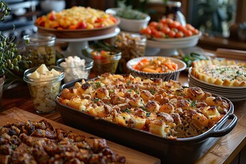 A vibrant display of an array of homemade dishes fills the table, showcasing casseroles, salads, and appetizers, perfect for a warm family gathering during a special occasion