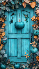 Poster - Teal door adorned with pumpkins & fall leaves.