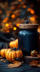 Wall Mural - Spooky Halloween pumpkins and spiders with a decorative jar in the background.