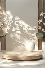 Poster - Elegant minimalist display featuring lush orchids and soft lighting creating a serene atmosphere in a tranquil setting. Generative AI