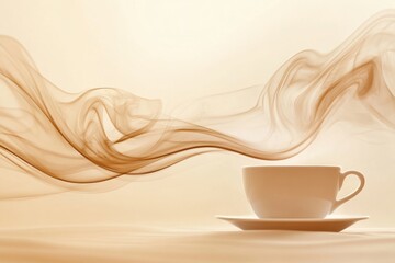 Poster - Abstract steam swirls gracefully from an unseen coffee cup, creating an inviting atmosphere in a serene setting. Generative AI