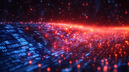 A visual representation of a binary data stream illustrating information flow in technology and communication, featuring glowing blue digits against a dark background.