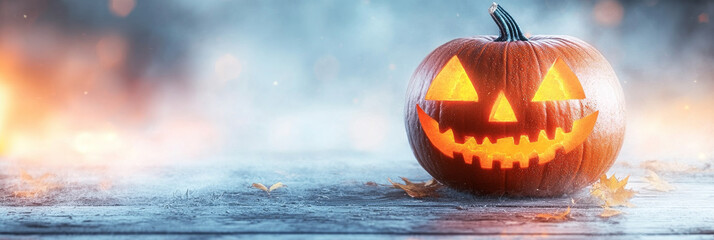 Canvas Print - A glowing jack-o'-lantern sits on a wooden table.