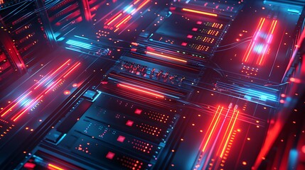 Poster - Abstract digital background with glowing red and blue lines.