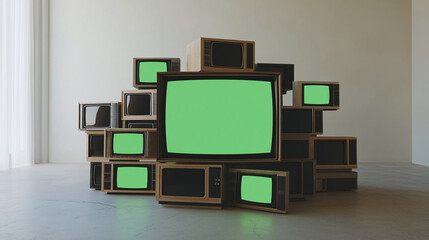 Fototapete - stack of old televisions, stacks of tvs green screen monitors in empty room panorama white indoor background group of chroma key graphic dynamic composition display 3d realistic render