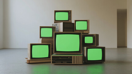 Fototapete - stack of old televisions, stacks of tvs green screen monitors in empty room panorama white indoor background group of chroma key graphic dynamic composition display 3d realistic render