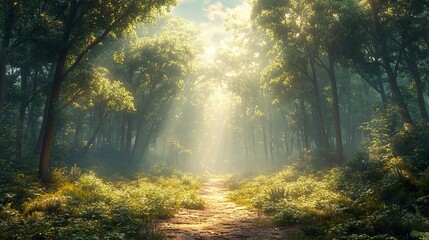 Poster - Sunlit Forest Path: A Tranquil Escape