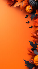 Wall Mural - Fall leaves and pumpkins on an orange background.