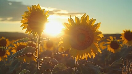 Two sunflowers in a field at sunset.