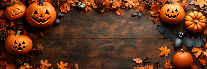 Poster - Spooky Halloween pumpkins and fall leaves on a wooden table