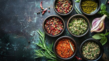 Wall Mural - Assorted spices and herbs in bowls on dark textured background